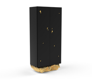 Luxury Marble Curio Cabinet with Brass Base, Glass Display Shelves & Hidden Storage