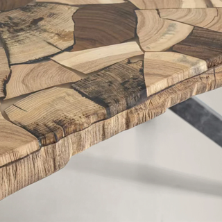 Petra Rectangular Dining Table – Marble & Petrified Wood Top with Iron Base