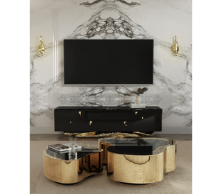 Luxury Black Gold Media Console with Marble Top & Hidden Storage