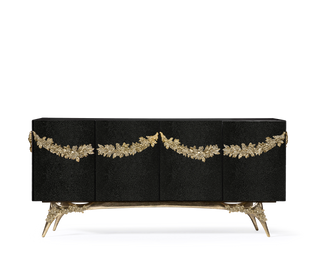 Luxury Walnut Burl Sideboard Buffet Cabinet with Hand-Carved Floral Doors & Storage
