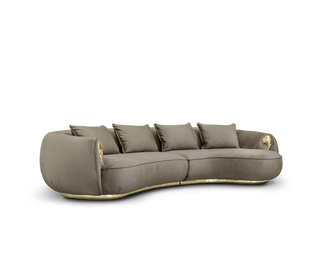 Luxury Curved Sofa with Hand-Hammered Polished Brass Base & Cream Upholstery Design
