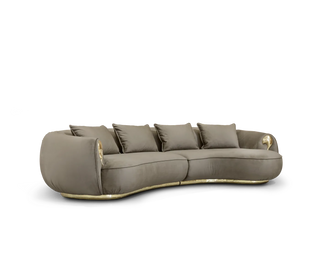 Luxury Curved Sofa with Hand-Hammered Polished Brass Base & Cream Upholstery Design