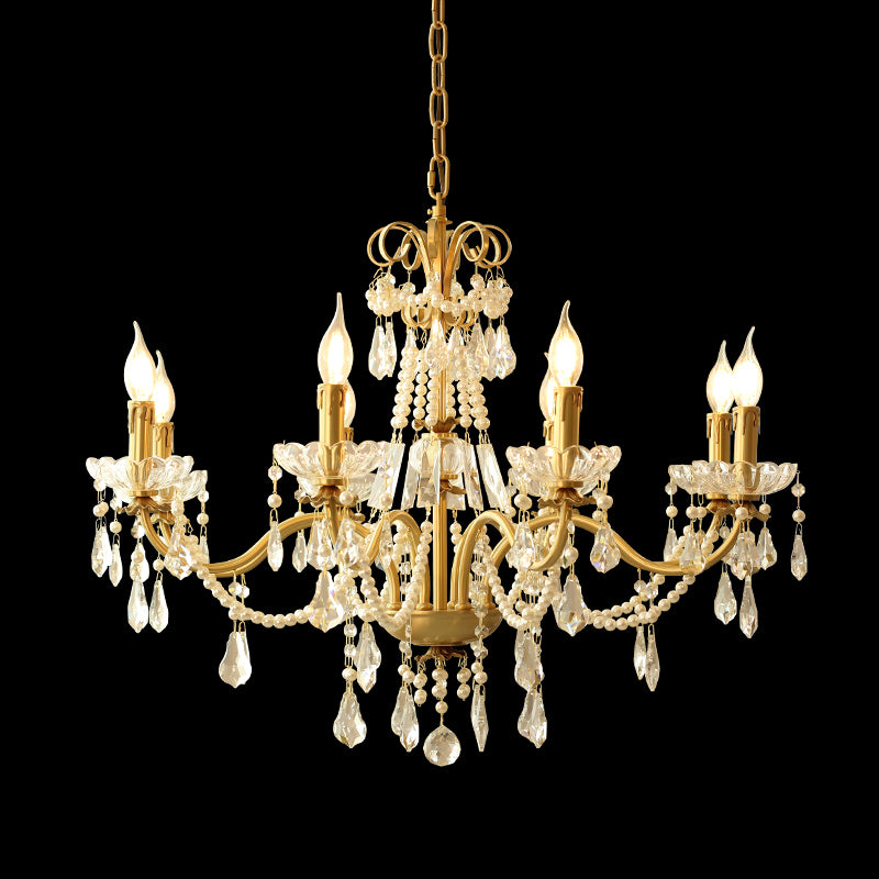 8 Lights Candle Style Small Gold Chandelier Luxury Brass Arm Chandelier with Acrylic Pearl Chains