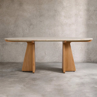Pinna Oval Marble Dining Table with Wood Base, 75"–90"
