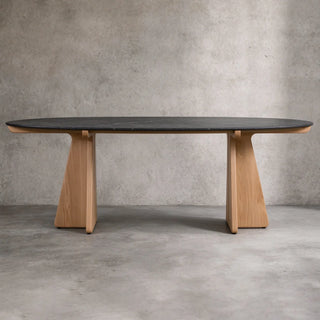 Pinna Oval Marble Dining Table with Wood Base, 75"–90"