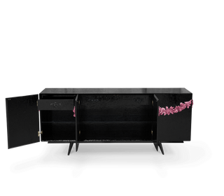 Luxury Black Sideboard Buffet Cabinet with Floral Carved Details & Storage