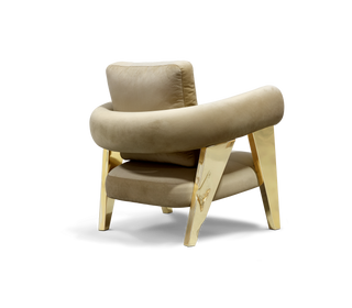 Luxury Sculptural Armchair with Polished Hammered Brass Legs & Curved Upholstery Design