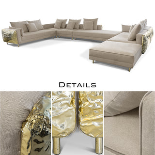 Luxury Imperfect Sculptural L-Shaped Modular Sofa with Ottoman & Polished Brass Design