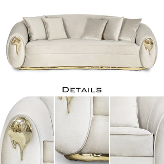 Luxury Curved Sofa with Hand-Hammered Polished Brass Base & Cream Upholstery Design
