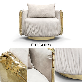 Luxury Imperfect Sculptural Armchair with Swivel Base & Hammered Brass Round Design