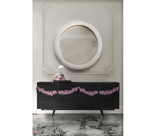 Luxury Black Sideboard Buffet Cabinet with Floral Carved Details & Storage