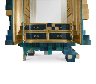 Luxury Display Cabinet with Geometric Pixel Design, Glass Shelves & Storage