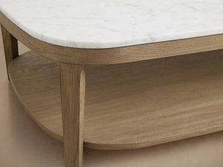 Danny Marble Top Coffee Table: Oak Wood Rectangle Living Room Center Cocktail & Tea Table