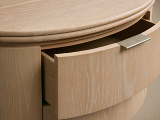 Caden Wood Oval Nightstand 2-Drawer Soft-Close Glides Pewter Hardware