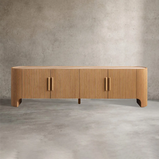 Astor Media Console & Sideboard: Minimalist Reeded Stone-Inlaid Oak Console
