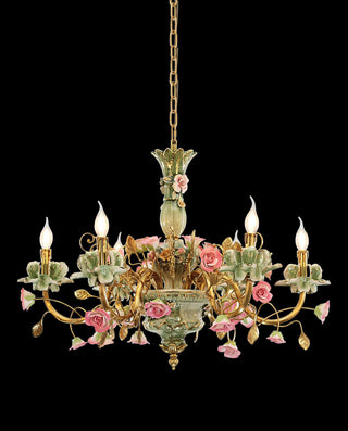 31X24 Inch 6 Lights Brass Chandelier and Green & Pink Porcelain Flower Chandelier