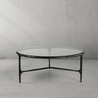 Hand-Forged Metal Glass Round Coffee Table 3 Legs 35"