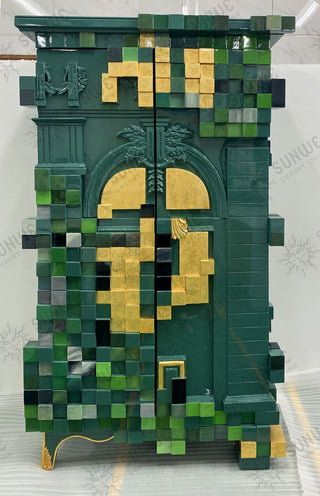 Luxury Display Cabinet with Geometric Pixel Design, Glass Shelves & Storage