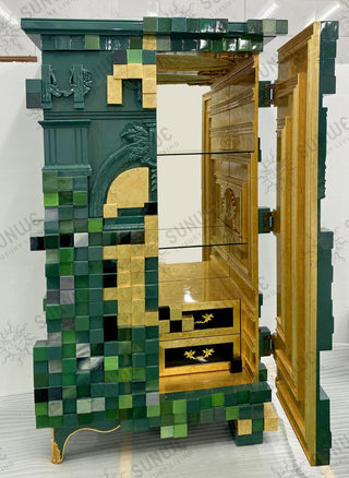 Luxury Display Cabinet with Geometric Pixel Design, Glass Shelves & Storage