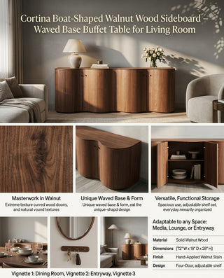 Cortina Boat-Shaped Walnut Wood Sideboard - Waved Base Buffet Table for Living Room & Entryway