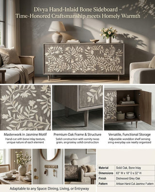 Divya Hand-Inlaid Painted Sideboard – Oak Frame Jasmine Motif Buffet Table for Living Room & Entryways
