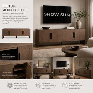 Felton Media Console Oak TV Stand Side Cabinet Television Storage Unit Wood Sideboard with Modern Minimalist Style