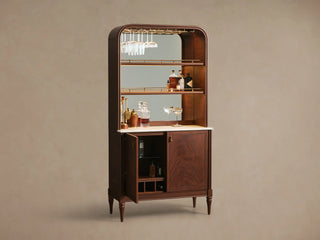 Frances Vintage Figured Mahogany Wood Bar Cabinet with Carrara Marble