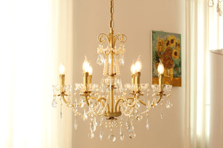 6 Lights Candle Style Small Gold Chandelier Luxury Brass Arm Chandelier with Acrylic Pearl Chains