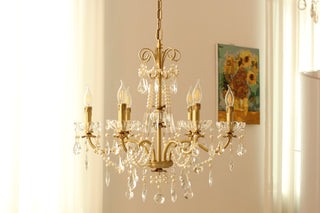 6 Lights Candle Style Small Gold Chandelier Luxury Brass Arm Chandelier with Acrylic Pearl Chains