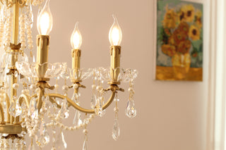 6 Lights Candle Style Small Gold Chandelier Luxury Brass Arm Chandelier with Acrylic Pearl Chains