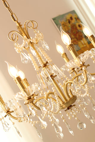 6 Lights Candle Style Small Gold Chandelier Luxury Brass Arm Chandelier with Acrylic Pearl Chains