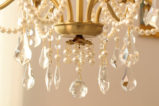 6 Lights Candle Style Small Gold Chandelier Luxury Brass Arm Chandelier with Acrylic Pearl Chains