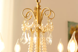 6 Lights Candle Style Small Gold Chandelier Luxury Brass Arm Chandelier with Acrylic Pearl Chains
