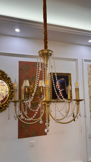 6 Lights Small Traditional Candle Style Brass and Crystal Chain Chandelier for Dining Room