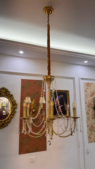6 Lights Small Traditional Candle Style Brass and Crystal Chain Chandelier for Dining Room