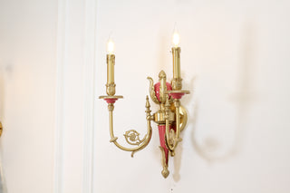 2 Lights Rococo Style Brass Wall Lamp Blue/ Pink Color