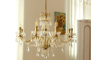 8 Lights Candle Style Small Gold Chandelier Luxury Brass Arm Chandelier with Acrylic Pearl Chains