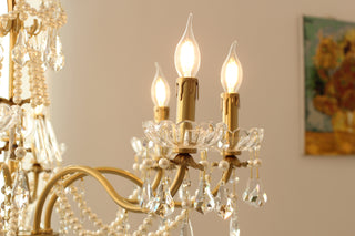 8 Lights Candle Style Small Gold Chandelier Luxury Brass Arm Chandelier with Acrylic Pearl Chains