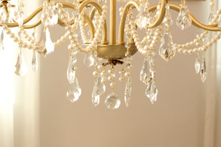 8 Lights Candle Style Small Gold Chandelier Luxury Brass Arm Chandelier with Acrylic Pearl Chains