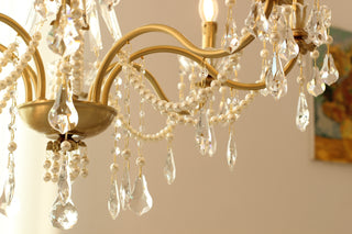 8 Lights Candle Style Small Gold Chandelier Luxury Brass Arm Chandelier with Acrylic Pearl Chains