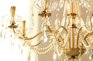 8 Lights Candle Style Small Gold Chandelier Luxury Brass Arm Chandelier with Acrylic Pearl Chains