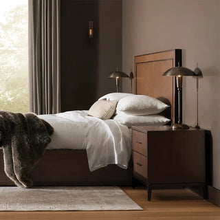 Malone Wood Nightstand: Leather Insets Bedside Drawers Chest Table