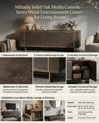 Mihaela Solid Oak Media Console - Retro Wood TV Stand & Entertainment Center for Living Room