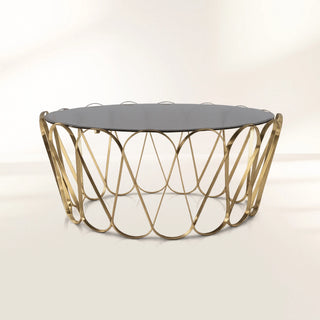 Luxury Round Coffee Table with Sculptural Brass Base, Smoked Glass Top & Modern Architectural Design
