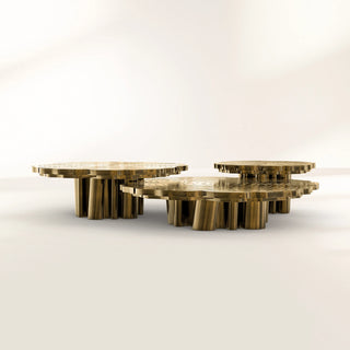 Luxury Patina Brass Coffee Table Set with Round Tiered Tops & Statement Design