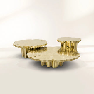 Luxury Patina Brass Coffee Table Set with Round Tiered Tops & Statement Design
