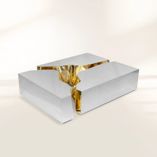 Luxury Coffee Table with Cracked Brass Sculptural Base & Smoked Glass Top