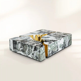 Luxury Coffee Table with Cracked Brass Sculptural Base & Smoked Glass Top