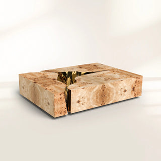 Luxury Coffee Table with Cracked Brass Sculptural Base & Smoked Glass Top