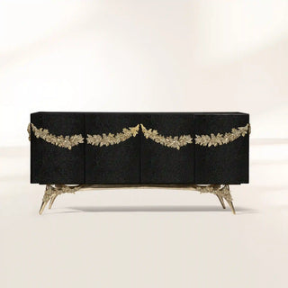 Luxury Walnut Burl Sideboard Buffet Cabinet with Hand-Carved Floral Doors & Storage